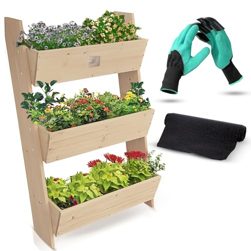 VERDANT HAVEN – Three Tier FSC Wooden Raised Garden Bed with Gardening Gloves – Sustainable and Responsible Wood Planters for Outdoor Plants – Box Planters for Outdoor Plants from Sustainable Forestry