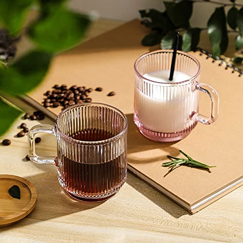 Lysenn Clear Glass Coffee Mug With Lid - Premium Classical Vertical Stripes Glass Tea Cup - For |Latte|Tea|Chocolate|Juice|Water| - Unleaded - Bamboo Lid - 12.5 Ounces #TOP4