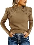 COCCKO Women's Sweaters Fall Winter 2025 Trendy Mock Neck Fringe Tops Cable Knit Pullover Western Outfit Khaki