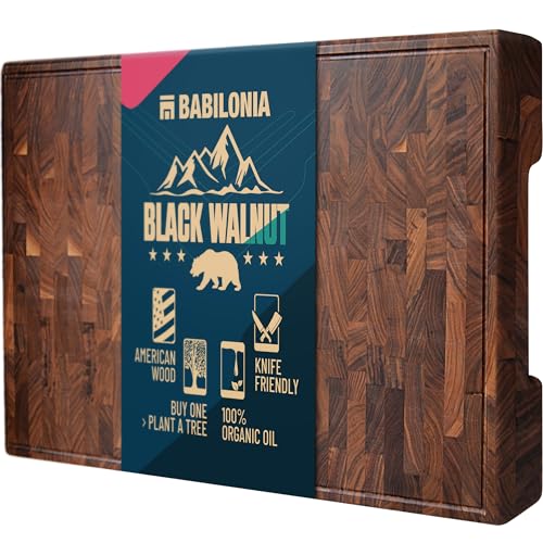 Comparison: Best Woods For End Grain Cutting Boards 11 XXL American Black Walnut End Grain Cutting Board - 24 x 15 x 1.7 Inch - Premium Quality & Professional Butcher Block. Heavy Duty Wood Chopping Board for Kitchen (Oil bottle & Plate included)