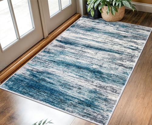 KOZYFLY 3x5 Area Rug Modern Ombre Rug for Bedroom, Washable Rug Non-Slip Soft Striped Living Room Area Rug, Print Distressed Blue Abstract Carpet for Laundry Nursery