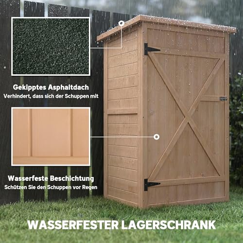 Outsunny Gartenschrank Holz, Geräteschuppen wetterfest 75x56x115cm, Gerätehaus mit Tür, Böden, Geräteschrank, Gartenhaus Werkzeugschrank Gartenschuppen für Garten, Terrasse, Hinterhof, Rasen, Natur