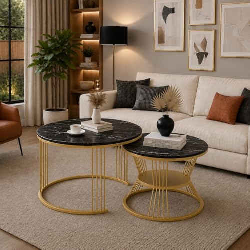 Image of Roldo Modern Nesting Coffee Table Set of 2 for Living Room, Round Coffee & Side Table with Metal Frame and Marble Finish MDF Top, Center Table for Sofa, Home Decor Office & Apartment (Gold Black)
