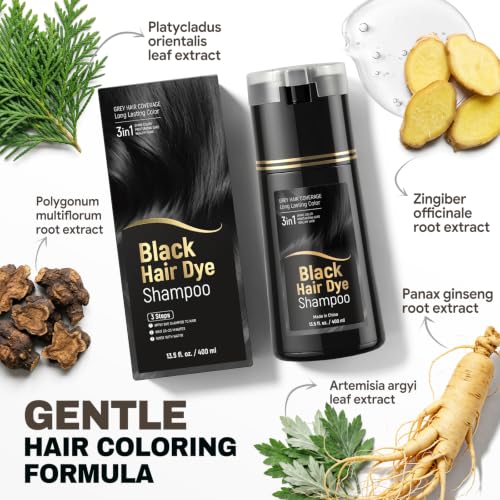 JUANCHI Black Hair Dye Shampoo 3 in 1, Hair Color Shampoo for Gray Hair Coverage for Women Men 400ml — view 2