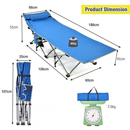 COSTWAY Folding Camping Bed, Heavy Duty Outdoor Sleeping Cot with Detachable Headrest, Side Pocket and Carry Bag, Portable Extra Wide Camp Lounger Bed for Travel Beach Office (Blue) - Image 6