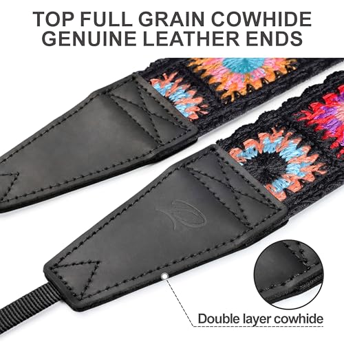 Image of Padwa Lifestyle Colorful Crochet Camera Strap - 2 inch Full Grain Leather Ends Camera Straps for Photographers, Vintage Embroidered Cotton Soft Suede Fabric Padded Strap Quick Release fits All Cameras
