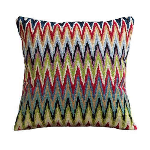 Tapestry Double Sided Cushion Cover. 17x17 Square Multicoloured woven chevron design. Modern contemporary traditional Turkish Kilim Style Weave pillow case cover. Woven green red blue.
