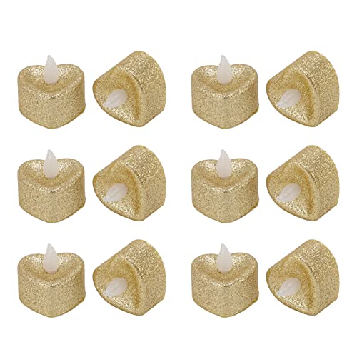 Jwthee Velas de té LED que funcionan con pilas, 12 velas de té doradas, velas LED sin llama, funcionan con pilas, velas de té eléctricas con purpurina para San Valentín, vacaciones, boda