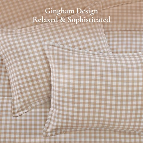 Andency Tan Gingham Comforter Set Full, Brown Checkered Grid Plaid Bedding by Andency - Used condition - Image 8