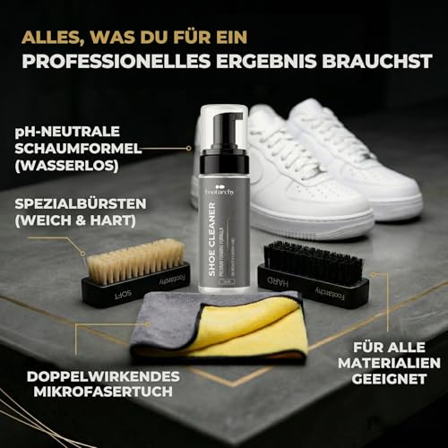 Footarchy Sneaker Cleaner Set – 150ml Reinigungsschaum, Schuhreinigungsset mit 2 Bürsten (Soft & Hard) & Mikrofasertuch – Schuhputzset für weiße Schuhe, Leder, Mesh & Einlegesohlen