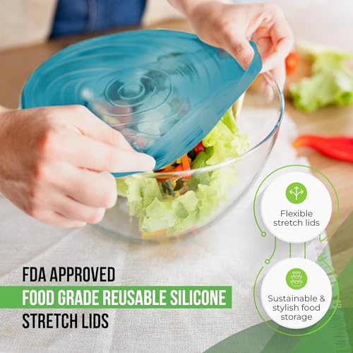 Image of Reusable Silicone Stretch Lids for Food Storage in Fridge - Elastic Heat-Resistant Bowl Covers, Cups, Cans, Jars - Universal Food Grade Lid for Containers - 7 Pack - Blue Mist Stretchy Lid Set