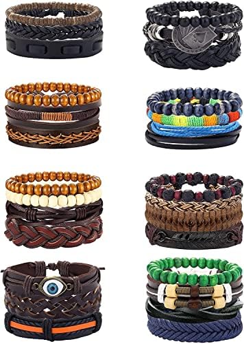 LOLIAS 27/31 Pcs Mixed Wrap Braided Leather Bracelets Wood Beads Bracelet Man's Cuff Vintage Leather Adjustable Fashion Bracelets Evil Eye Bracelets Wristband
