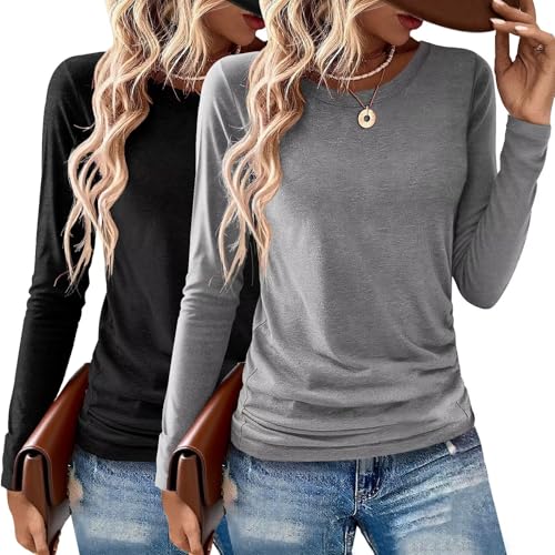 Gihgoew 2 Pack Womens Tops Crewneck Soft Long Sleeve Shirts Fall Clothes Casual Tshirts Basic Tee