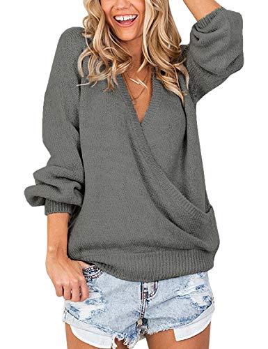 LookbookStore Women s Fall Winter Sweater Knit Long Sleeve Faux Wrap Surplice V Neck Sweater Top Dark Grey Size L (Fit US 12 - US 14)