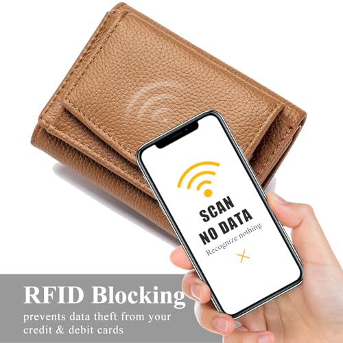 Image of Small Wallet Women Genuine Leather RFID Blocking Trifold Tiny Wallets with Snap Coin Pouch 7 Card Solts