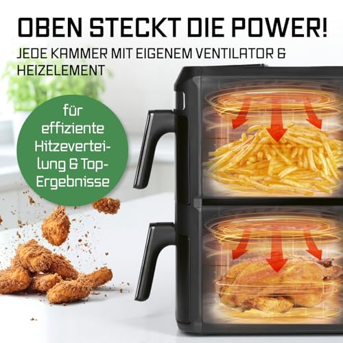GOURMETmaxx FryUp XL vertikale Doppelkammer Heißluftfritteuse - 12 L | Airfryer mit Multi-Colour LED-Touchdisplay & 12 Programmen | Heissluftfritteuse 2 Kammern mit Oberhitze| SYNC- & MATCH-Funktion 3