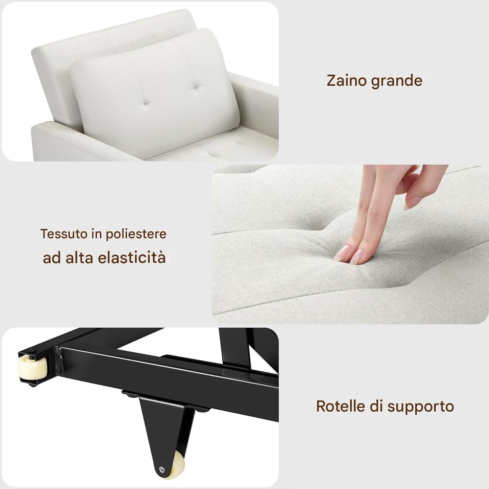 BAKAJI Divano Letto 2 Posti con Rivestimento in Velluto Premium Reclinabile, Imbottitura ad Altissima Densità, Seduta Ergonomica, Apertura Facile, Cuscini per Sollievo Lombare (Beige 1 Posto)
