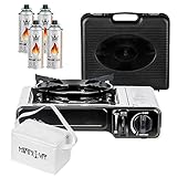 Mianova Campingkocher Outdoor Gaskocher Notfallkocher BBQ Anzünder Grill Gaskartuschen Gas Kocher Herd 1 flammig Set Grillplatte Camping Koffer 4 Gasflaschen