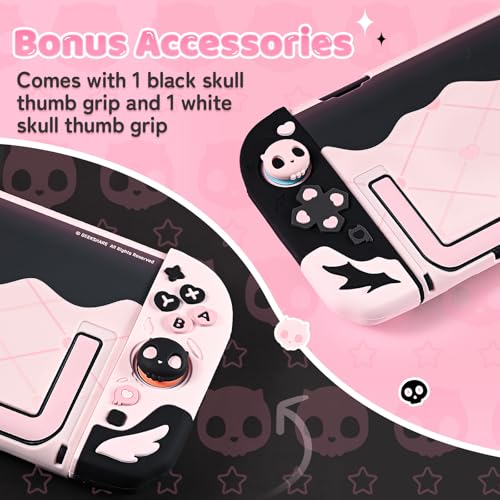 Image of Geekshare Protective Case Set Compatible with switch 2, PC Back Plate with Silicone Joysticks Covers, Includes 2 Thumb Grips, Waterproof Protection - Sweetheart Skull (Black & Pink)