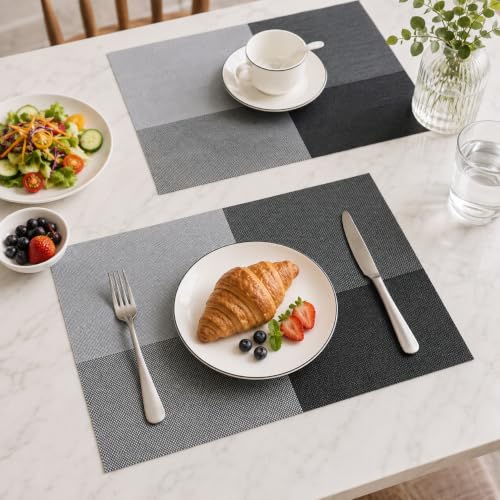 Image of OXSAM Placemats, Heat Insulation Non-Slip Vinyl mats, Stain-Resistant Tablemats for Home and cafe Dining Table Decor (Black & Gray Checks, Pack of 6)