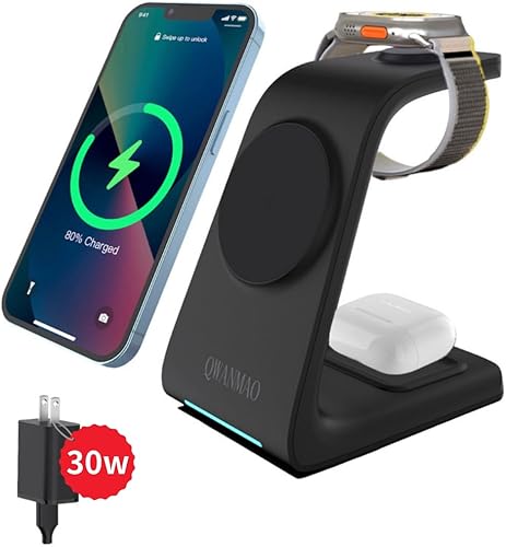 Estación de carga inalámbrica magnética 3 en 1 para dispositivos Apple con adaptador QC3.0 de 30 W, cargador rápido de 7.5 W15 W para