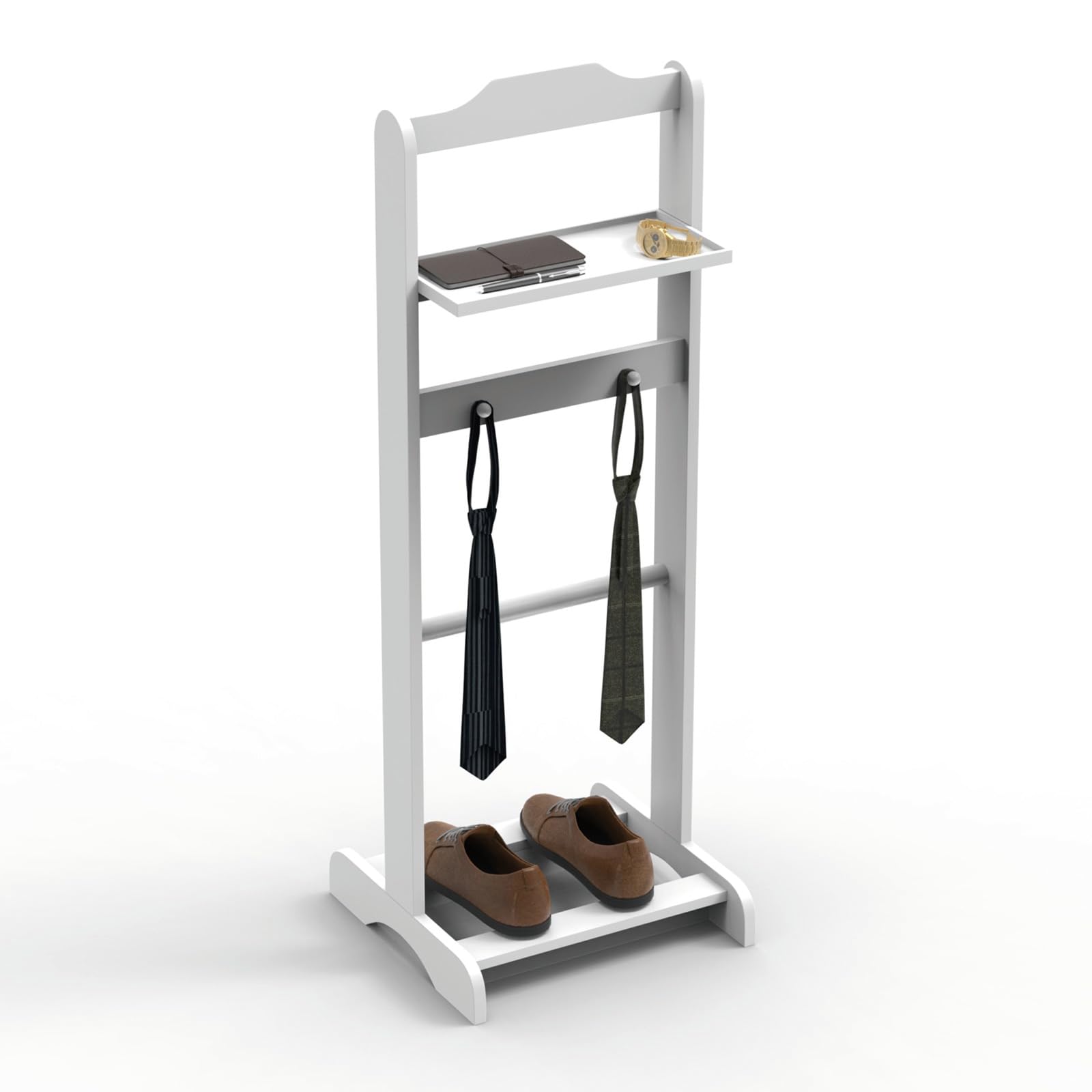 MATONELL Valet Stand Clothes Stand with Top Tray, White Portable Garment Rack with Storage Organizer Used in Entryway Office Living Room