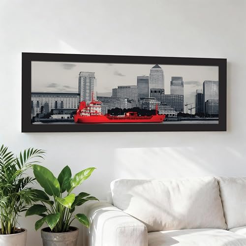 Image of PAINTINGMANTRA London City Sea View with Ship Black and White Wall Art Framed Luxury Paintings for Home Decoration, Living room, Bedroom and Office Decoration (99x38 CM)