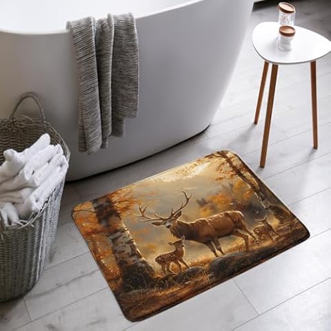 AMFD Fall Forest Deer Bath Mat Rustic Cabin Moose Autumn Hunting Animal Wildlife Nature Country Lodge Farmhouse Bathroom Bathtub Floor Rugs Doormat Toilet Decor,18 x 30 in, Yellow Cover