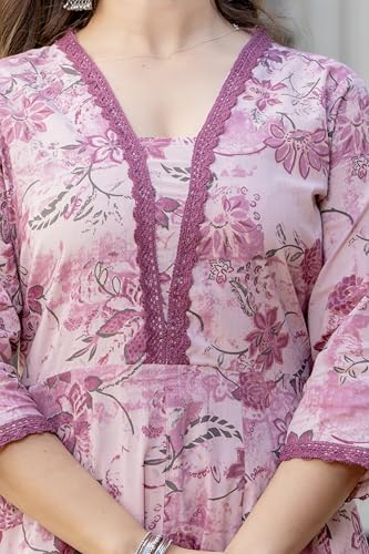 Image of MANHAREE Women's Cotton Anarkali Pink Kurta Pant with Dupatta Set