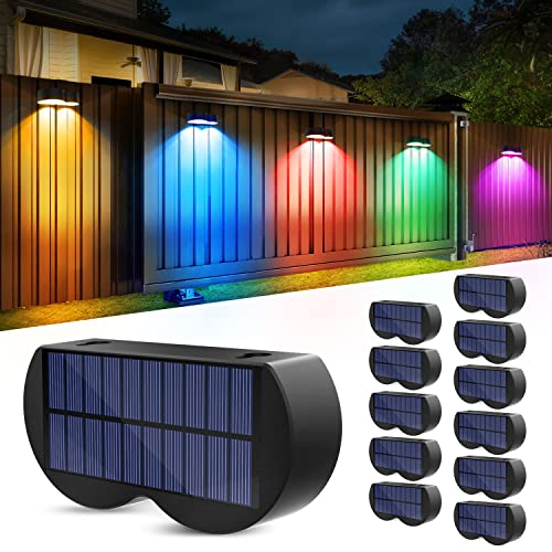 Amiluo Solar Fence Lights 12 Pack, Fence Solar Lights Outdoor Wall Lights Waterproof Ip65, Warm White & Rgb 8 Specific Fixed Colors, Color Glow Lights For Fence Wall Step Deck Patio Black #TOP28
