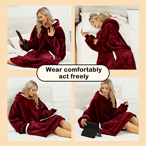 Kipswiza Oversized Wearable Blanket Hoodie Cool Mothers Day Gifts for Mom Girls Women Men, Cozy Soft Sherpa Big Hooded Blankets Sweatshirt Blanket - Wine Red