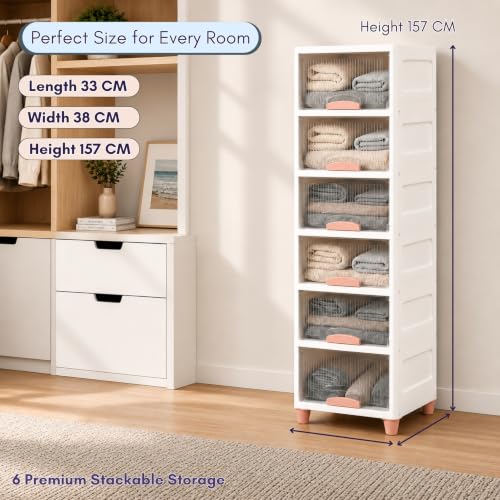 Image of HoopVool Foldable Storage Cabinet, Stackable Plastic Storage Box with Front Opening Door, Dustproof Organizer for Clothes, Toys, Books, Bathroom & Bedroom (6-Tier (33 X 38 X 156 CM))