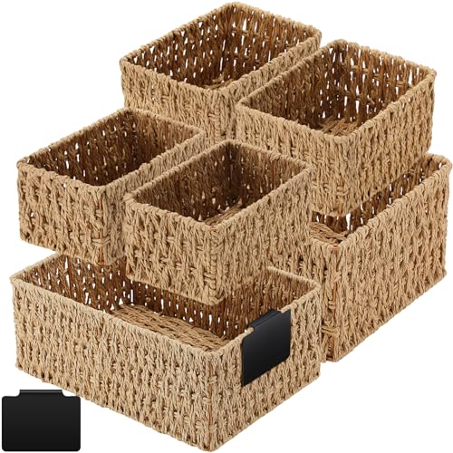 Marsui 6 Pcs Wicker Storage Baskets for Pantry Organization with Labels Handwoven Paper Rope Multi-size Natural Wicker Storage Bins for Organizing Small Baskets Container for Shelves Closet Toilet