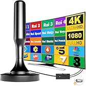 Antenna TV Interna Amplificata Potente, Antenna Portatile con Base Magnetica per 4K Smart TV(DVB-T2), Ricezione Segnali Digitali Terrestri entro 380 km, Include un cavo coassiale da 5 m (Nero Lucido)