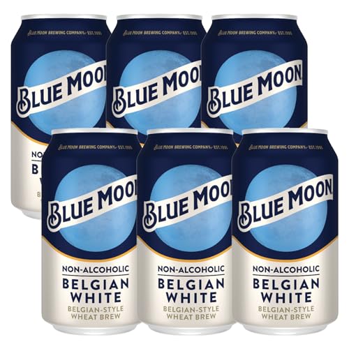 Blue Moon Non-Alcoholic 6 Pack Belgian Style Wheat Beer - Dealcoholized NA Brew in 12oz Cans - Low Calorie: 80 cals, 17g carbs - Refreshing Craft Brew Option