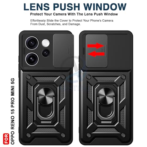 Image of AESTMO Tough Armor Oppo Reno 15 Pro Mini 5G Bumper Back Case Cover | Ring Holder & Sliding Camera Shield Cover | 360 Degree Protection Back Case Cover for Oppo Reno 15 Pro Mini 5G (Black)