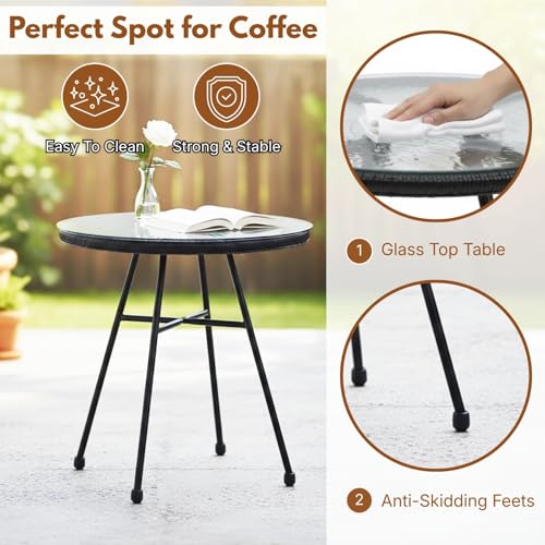 Image of DEVOKO 3 Piece Outdoor Patio Handwoven Rope Crown Shape Chair With Glass Top Side Table For Garden, Pool, Deck, Backyard, Balcony (Dark Grey & Grey), (61 X 61 X 81Cm)