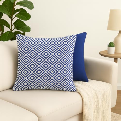 Image of Reversible 18x18 Blue Cotton Argyle Woven Pack of 1 Fashion Throw Pillow Covers Cases for Couch Sofa Home Decoration | 45x 45 cm
