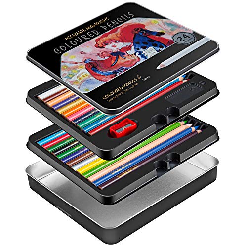 VicTsing Matite Colorate 24 Colori con Temperino Bonus, 5mm Diametro Mina(Lunghezza 2 Volte dei Altri), Penna Grassa Fatta di Pioppo Più Forte, con Scatola di Metallo Come Regalo per Bambini