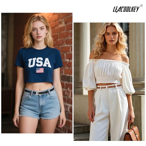 LEACOOLKEY 2 Pack Women Skinny Belts for Jeans Dress Thin Leather Waist Belt4