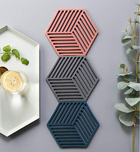 Naidev Silicone Trivet Mats and Hot Pads 6 PCs 6.33 5.5 in Hexagon Heat Resistant Multifuntion Kitchen Tool for Bowl Mats, Dish Mats, Place-mats, and Drink Coasters (Pack - 3 line Blue) 1