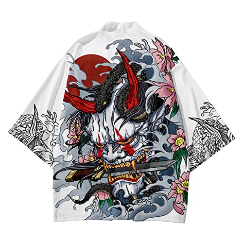 Image of DOSLAVIDA Men's Japanese Kimono Jacket Set Stylish Open Front Coat With Shorts Chinese Style Printed Cardigan Suit