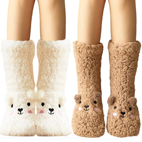Calcetines fuzzy mujer pack de 2 pares de felpa blanca y café lavables a máquina