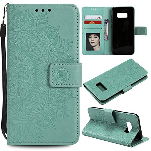EYZUTAK Mandala Phone Cover for Samsung Galaxy S8, Ultra Slim Flip Case with Card Slot, Magnetic Closure, Embossing PU leather Case with Stand Function and Lanyard, Foldable Motif-Green