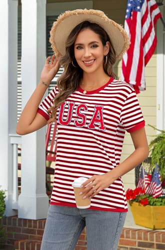 Image of Ithalt Women 4th of July Shirt Fourth of July Shirts USA Sequin Tshirt American Patriotic T-Shirt Stripes Tee Tops