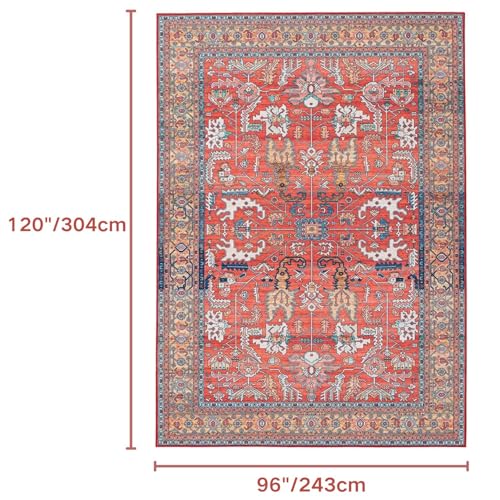 Syalife Washable Rug Vintage Area Rugs, 8'x 10' Living Room Rug with Non Slip Backing, Distressed Indoor Carpet Non-Shedding Red Rug, Vintage Floor Mat Indoor Rug (Red, 8'x 10')