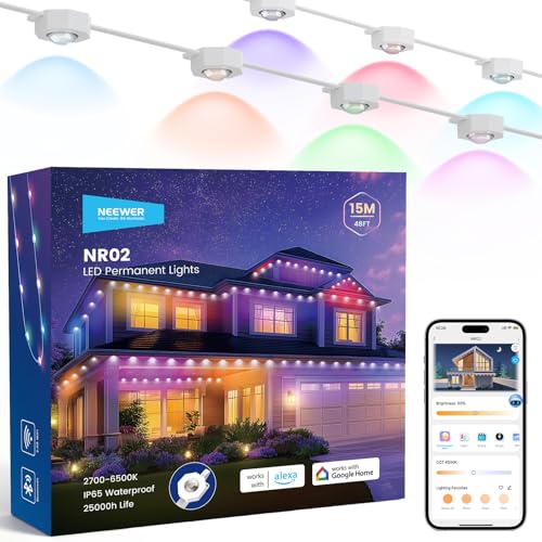 NEEWER 48ft Permanent Outdoor Lights for House Decor, Smart AI RGBCW Outside Eaves String Christmas Lighting with 30 LED Lights App Control 50+ Scenes IP65 Waterproof, Compatible with Alexa, NR02