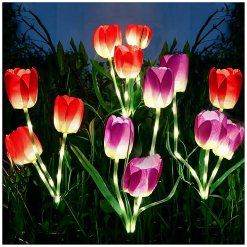 DooYard Lot de 2 lampes solaires de jardin en tulipe – Fleurs et tiges de tulipes lumineuses, panneau solaire amélioré, lumières décoratives d'extérieur...