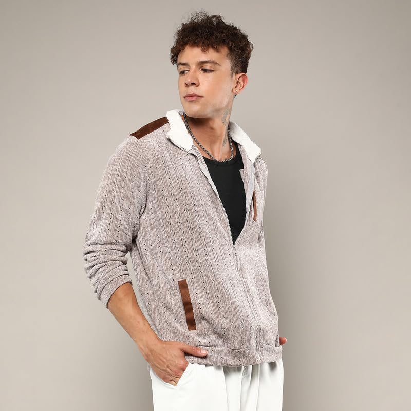 Image of CAHOOT Men's Fur-Lined Suede Bomber Jacket For Casual Wear | High Neck | Long Sleeve | Zipper Closure | Jacket Crafted With Comfort Wear For Everyday Wear
