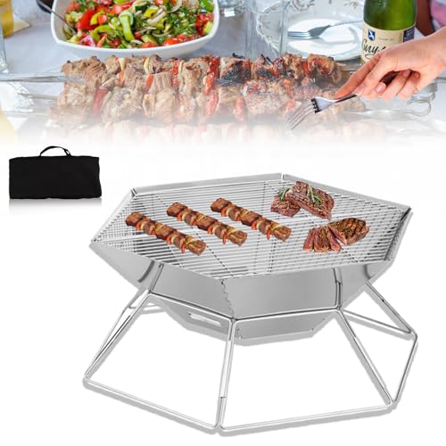 Hexagonal Outdoor Folding Charcoal Grill, Easy to Assemble Stainless Steel Grill,Portable BBQ Grill,for Travel ,Outdoor Cooking and Grilling, Camping Grill Picnic Patio Backyard